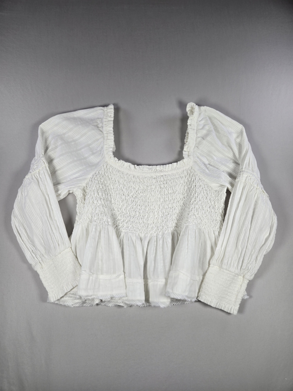 Anthropologie White Smocked Puff Sleeve Babydoll Blouse Peplum Top Gauze XL